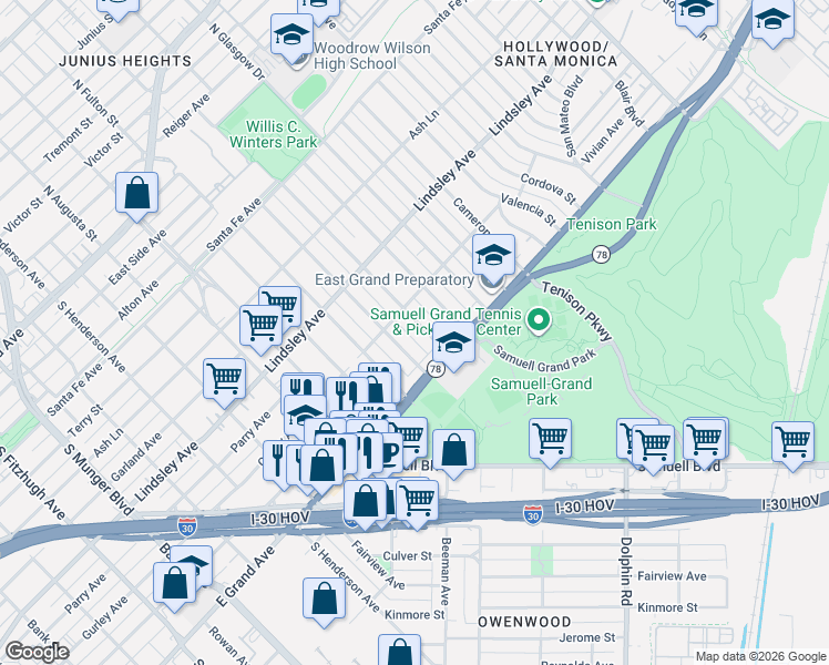 map of restaurants, bars, coffee shops, grocery stores, and more near 1019 Mount Auburn Avenue in Dallas