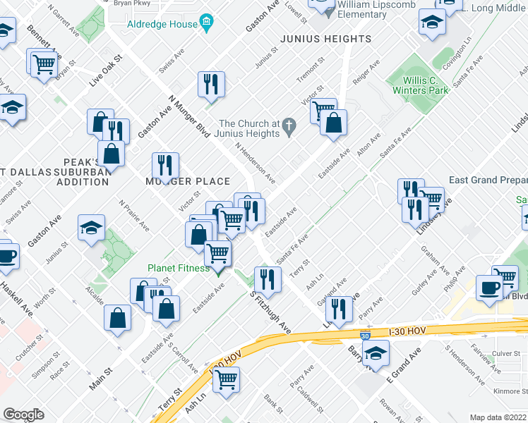 map of restaurants, bars, coffee shops, grocery stores, and more near in Dallas