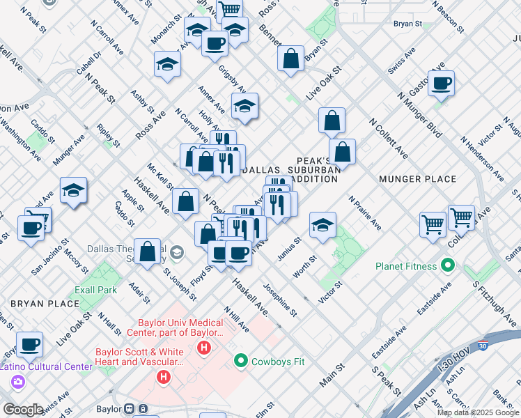 map of restaurants, bars, coffee shops, grocery stores, and more near 4409 Swiss Avenue in Dallas