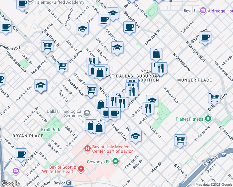 map of restaurants, bars, coffee shops, grocery stores, and more near 4409 Swiss Avenue in Dallas
