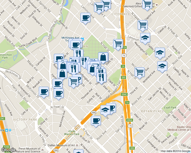 map of restaurants, bars, coffee shops, grocery stores, and more near 2903 State Street in Dallas