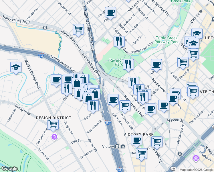 map of restaurants, bars, coffee shops, grocery stores, and more near 3333 Harry Hines Boulevard in Dallas
