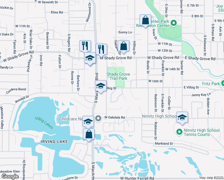 map of restaurants, bars, coffee shops, grocery stores, and more near 1701 Caddo Drive in Irving
