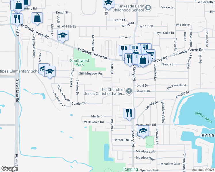 map of restaurants, bars, coffee shops, grocery stores, and more near 2605 Quail Ridge in Irving