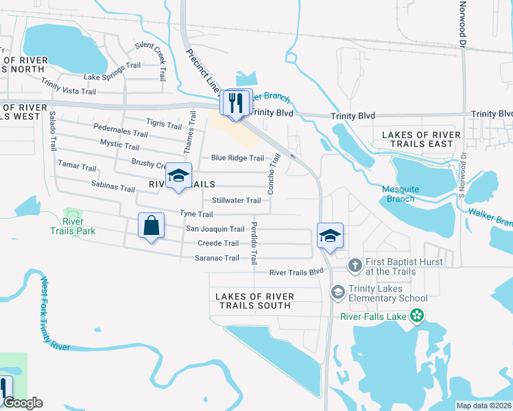 map of restaurants, bars, coffee shops, grocery stores, and more near 9076 Stillwater Trail in Fort Worth