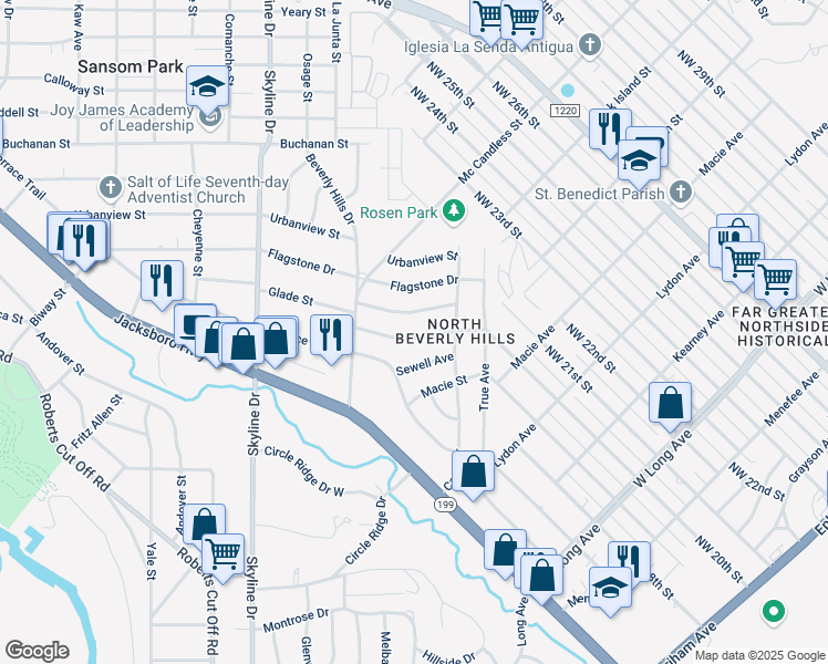 map of restaurants, bars, coffee shops, grocery stores, and more near 4904 Robinson Street in Fort Worth