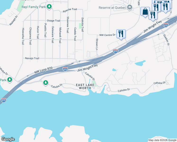 map of restaurants, bars, coffee shops, grocery stores, and more near 6952 Cahoba Drive in Fort Worth