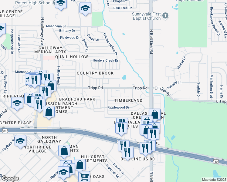 map of restaurants, bars, coffee shops, grocery stores, and more near 2332 Salerno Drive in Mesquite