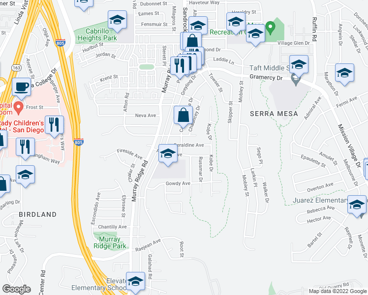 map of restaurants, bars, coffee shops, grocery stores, and more near 8928 Geraldine Avenue in San Diego