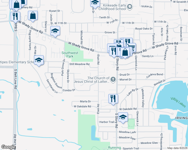 map of restaurants, bars, coffee shops, grocery stores, and more near 2605 Quail Ridge in Irving