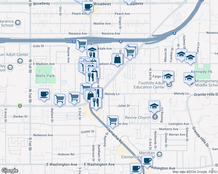 map of restaurants, bars, coffee shops, grocery stores, and more near 1349 East Main Street in El Cajon