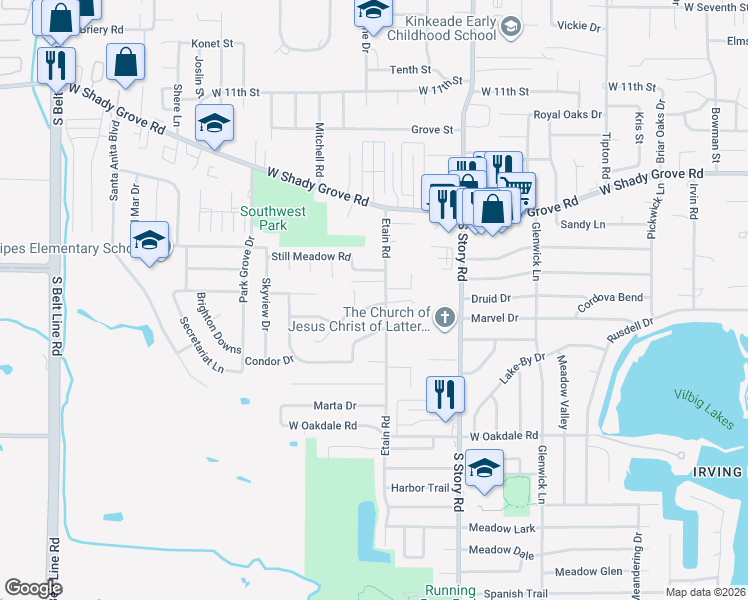 map of restaurants, bars, coffee shops, grocery stores, and more near 2605 Quail Ridge in Irving