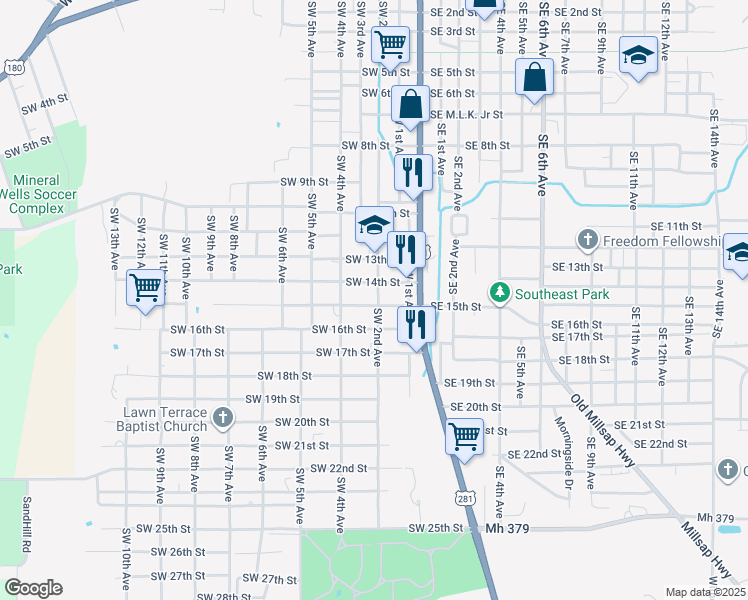 map of restaurants, bars, coffee shops, grocery stores, and more near 300 Southwest 15th Street in Mineral Wells