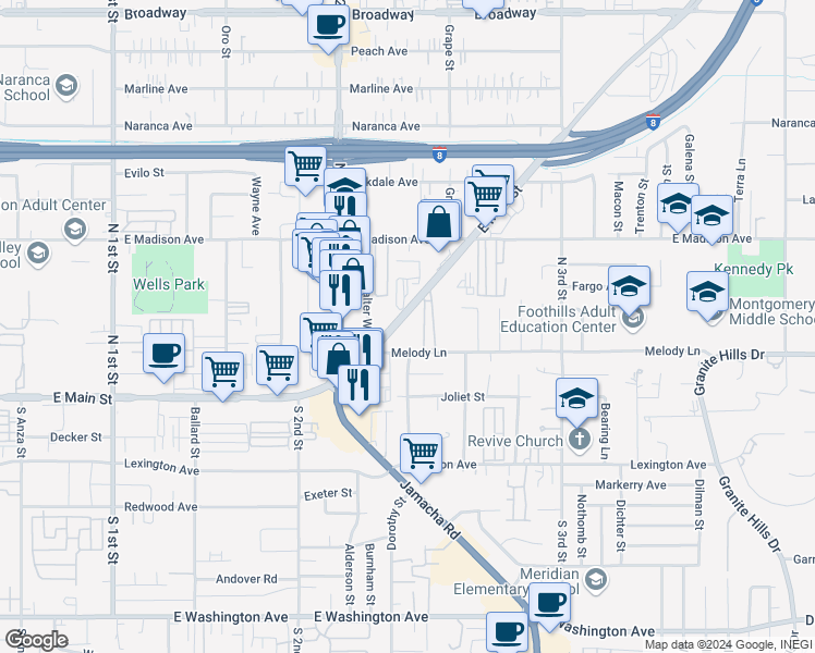 map of restaurants, bars, coffee shops, grocery stores, and more near 1349 East Main Street in El Cajon