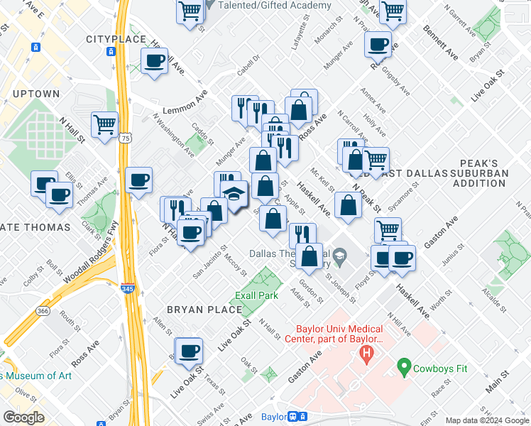 map of restaurants, bars, coffee shops, grocery stores, and more near 3816 San Jacinto Street in Dallas