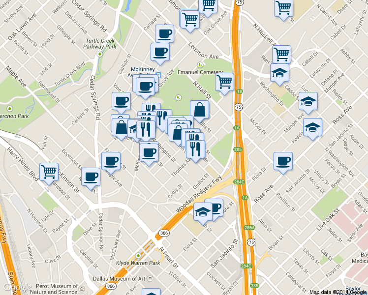 map of restaurants, bars, coffee shops, grocery stores, and more near 2400-2410 Allen Street in Dallas