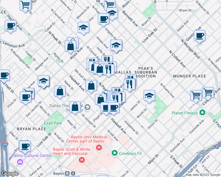 map of restaurants, bars, coffee shops, grocery stores, and more near 4316 Sycamore Street in Dallas