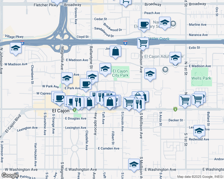 map of restaurants, bars, coffee shops, grocery stores, and more near 296 Roanoke Road in El Cajon