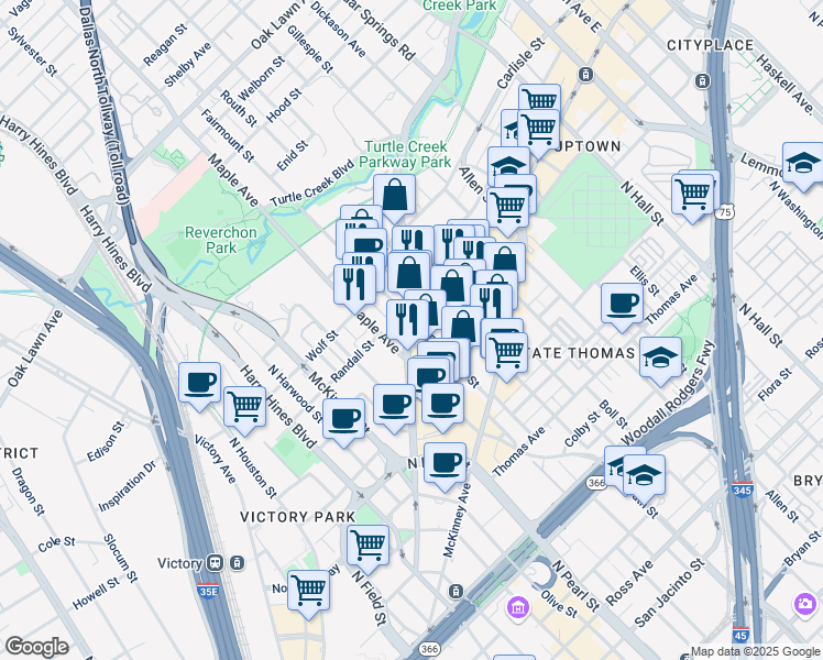 map of restaurants, bars, coffee shops, grocery stores, and more near 2408 Cedar Springs Road in Dallas
