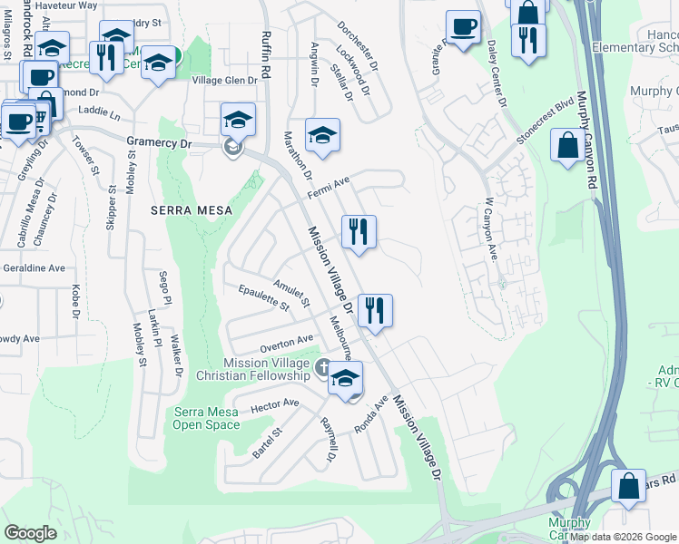 map of restaurants, bars, coffee shops, grocery stores, and more near 2875 Mission Village Drive in San Diego