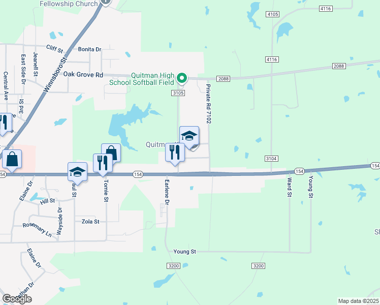 map of restaurants, bars, coffee shops, grocery stores, and more near 1101 East Goode Street in Quitman