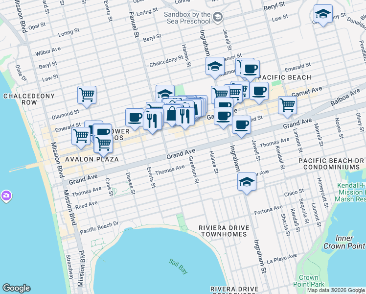 map of restaurants, bars, coffee shops, grocery stores, and more near 1372 1/2 Grand Avenue in San Diego