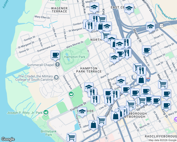 map of restaurants, bars, coffee shops, grocery stores, and more near 471 Huger Street in Charleston