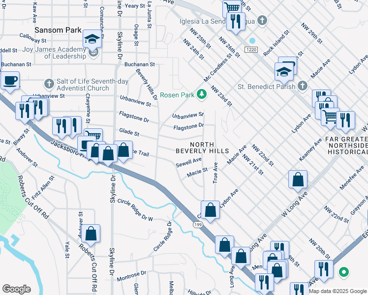 map of restaurants, bars, coffee shops, grocery stores, and more near 4904 Robinson Street in Fort Worth