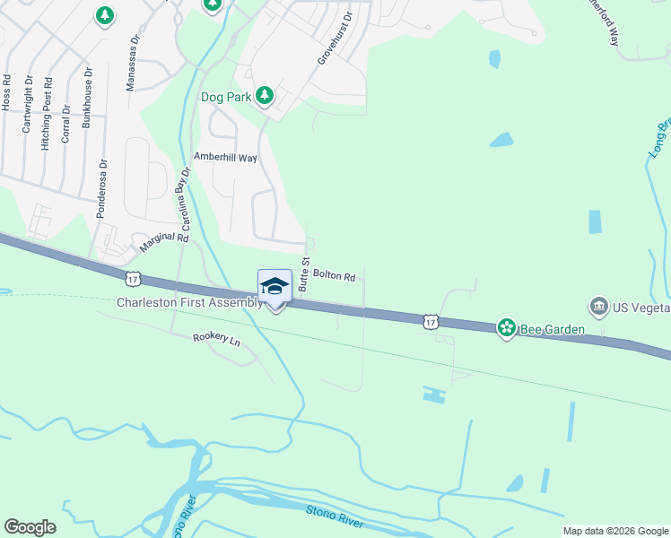 map of restaurants, bars, coffee shops, grocery stores, and more near 2916 Bolton Road in Charleston