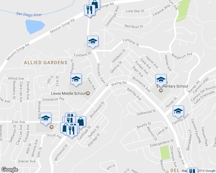 map of restaurants, bars, coffee shops, grocery stores, and more near Waring Road & Princess View Drive in San Diego