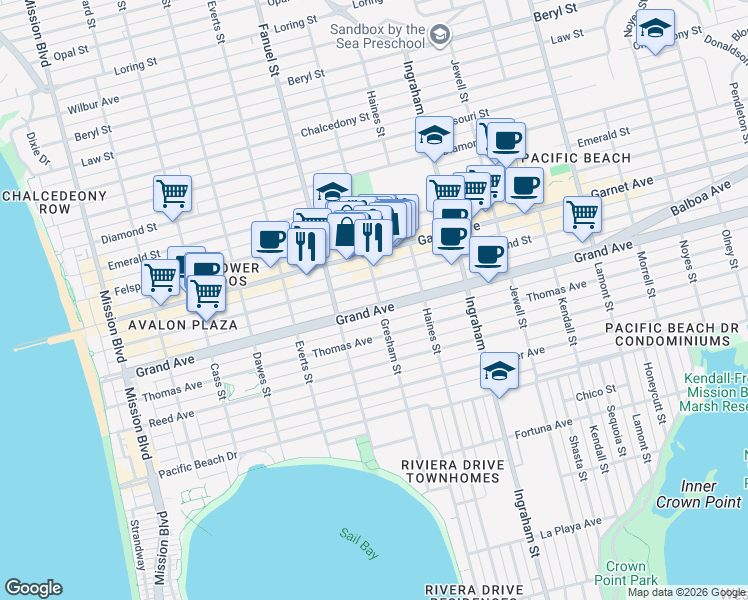 map of restaurants, bars, coffee shops, grocery stores, and more near 4410 Gresham Street in San Diego
