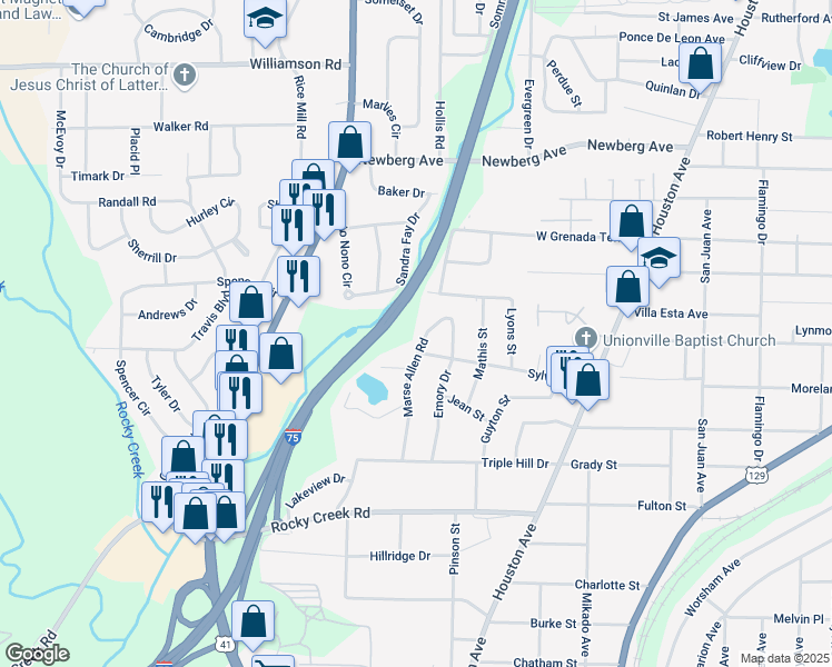 map of restaurants, bars, coffee shops, grocery stores, and more near 3969 Marse Allen Road in Macon