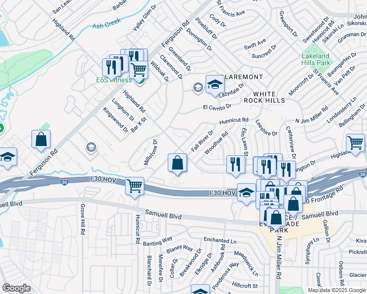 map of restaurants, bars, coffee shops, grocery stores, and more near 8006 Hunnicut Road in Dallas