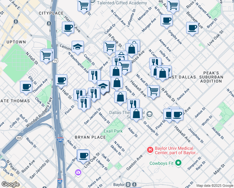 map of restaurants, bars, coffee shops, grocery stores, and more near 3816 San Jacinto Street in Dallas