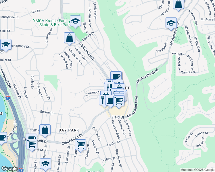map of restaurants, bars, coffee shops, grocery stores, and more near 4942 Iroquois Avenue in San Diego