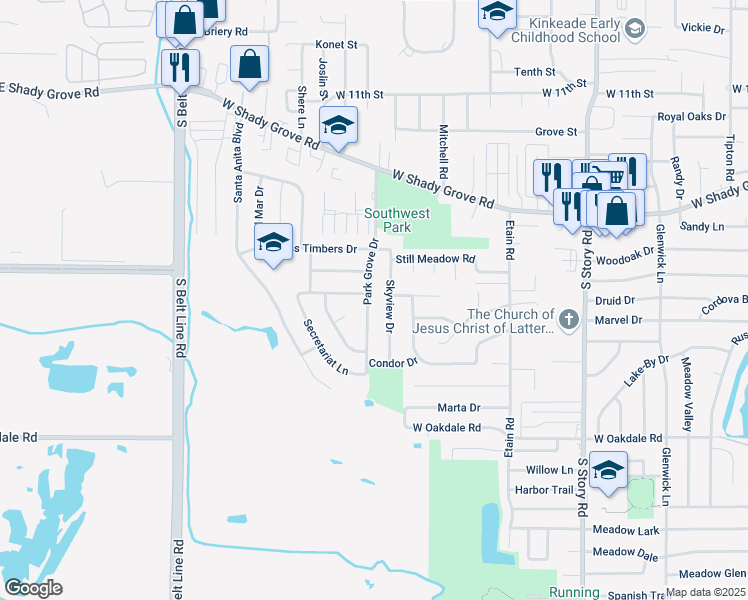 map of restaurants, bars, coffee shops, grocery stores, and more near 1535 Skyview Drive in Irving