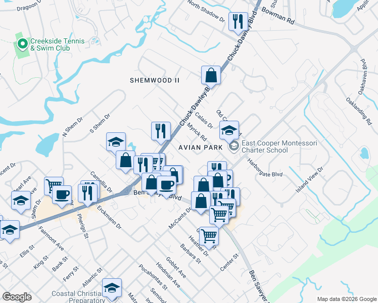 map of restaurants, bars, coffee shops, grocery stores, and more near 1265 Penny Circle in Mount Pleasant
