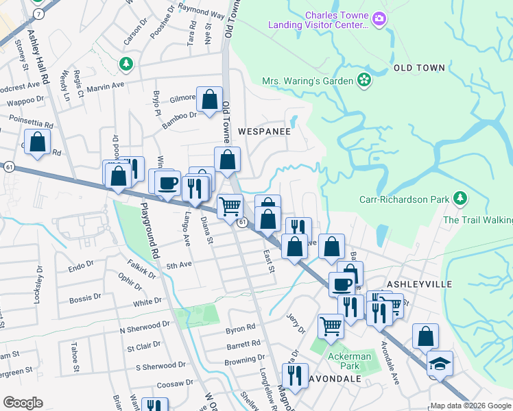 map of restaurants, bars, coffee shops, grocery stores, and more near 1129 North Hillside Drive in Charleston