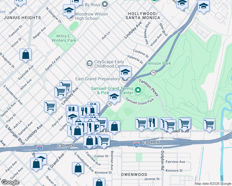map of restaurants, bars, coffee shops, grocery stores, and more near 6023 East Grand Avenue in Dallas