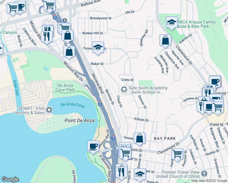 map of restaurants, bars, coffee shops, grocery stores, and more near 3665 Lloyd Terrace in San Diego