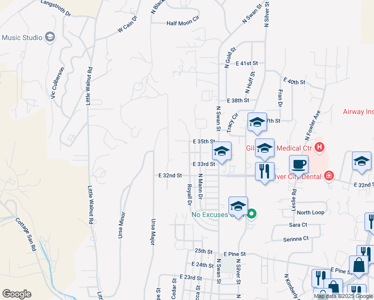 map of restaurants, bars, coffee shops, grocery stores, and more near 303 34th Street in Silver City