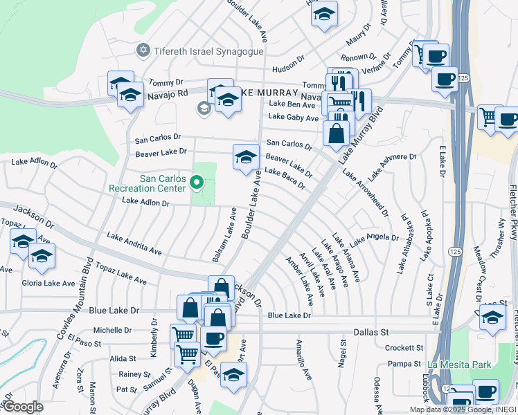 map of restaurants, bars, coffee shops, grocery stores, and more near 8310 Lake Adlon Drive in San Diego