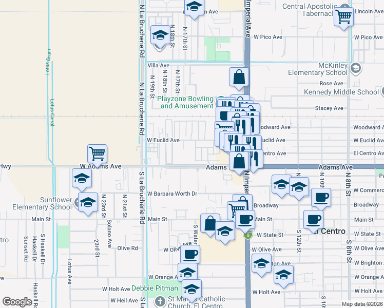 map of restaurants, bars, coffee shops, grocery stores, and more near 448 Adams Avenue in El Centro
