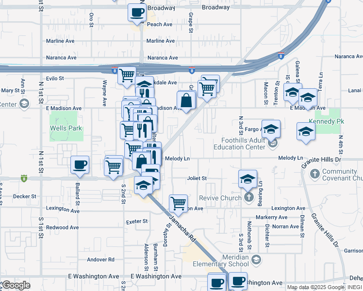 map of restaurants, bars, coffee shops, grocery stores, and more near 1365 East Main Street in El Cajon