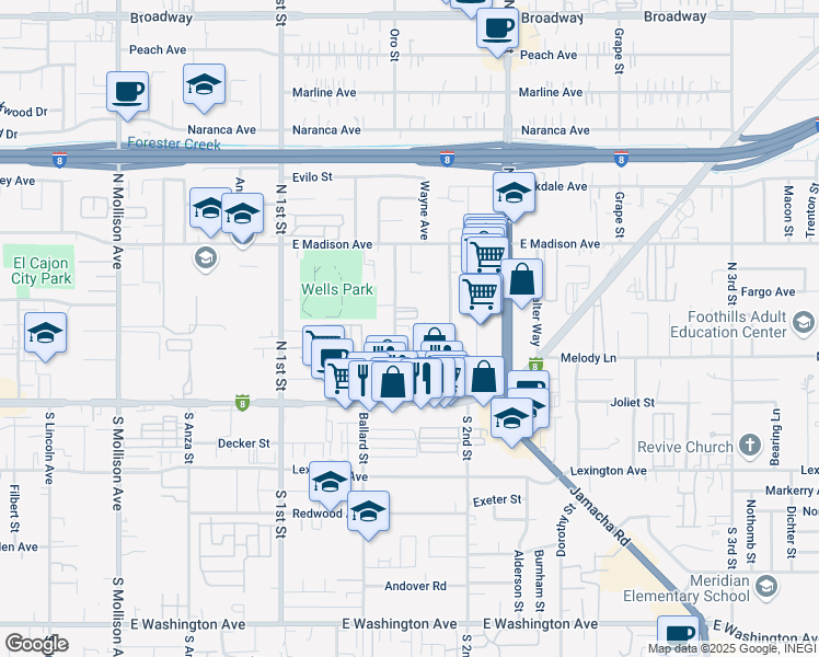 map of restaurants, bars, coffee shops, grocery stores, and more near 299 Orlando Street in El Cajon