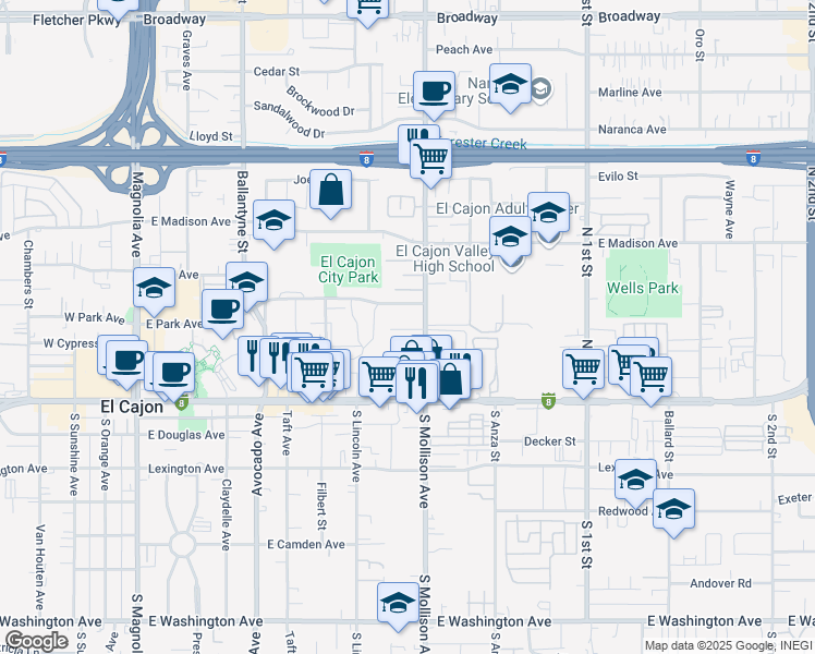 map of restaurants, bars, coffee shops, grocery stores, and more near 254 North Mollison Avenue in El Cajon