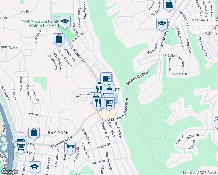 map of restaurants, bars, coffee shops, grocery stores, and more near in San Diego