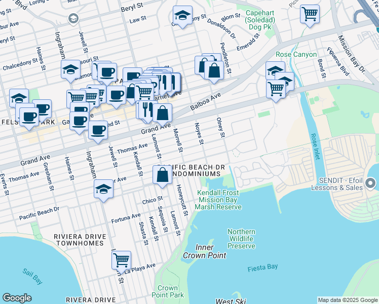 map of restaurants, bars, coffee shops, grocery stores, and more near 2057 Reed Avenue in San Diego