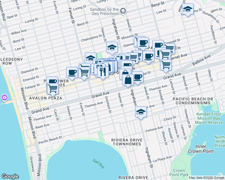 map of restaurants, bars, coffee shops, grocery stores, and more near 1438 Hornblend Street in San Diego