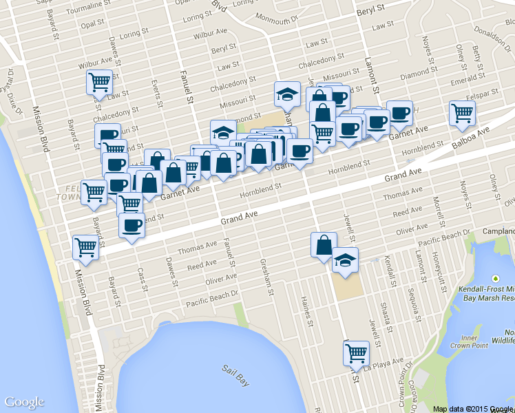 map of restaurants, bars, coffee shops, grocery stores, and more near 1438 Hornblend Street in San Diego